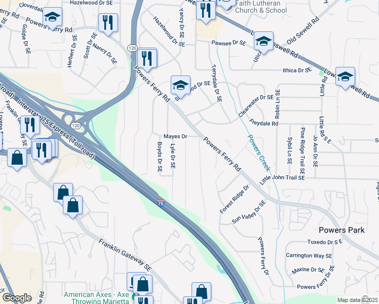map of restaurants, bars, coffee shops, grocery stores, and more near 441 Oriole Drive Southeast in Marietta