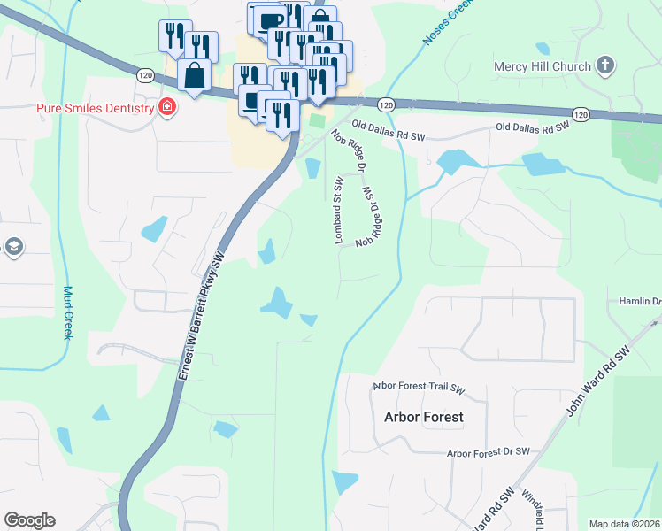 map of restaurants, bars, coffee shops, grocery stores, and more near 828 Nob Ridge Drive Southwest in Marietta
