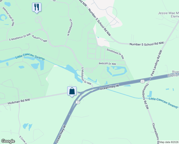 map of restaurants, bars, coffee shops, grocery stores, and more near Habersham Pl SE in Calabash