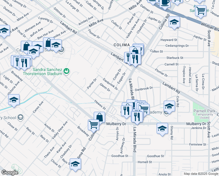 map of restaurants, bars, coffee shops, grocery stores, and more near 14747 Glenn Drive in Whittier