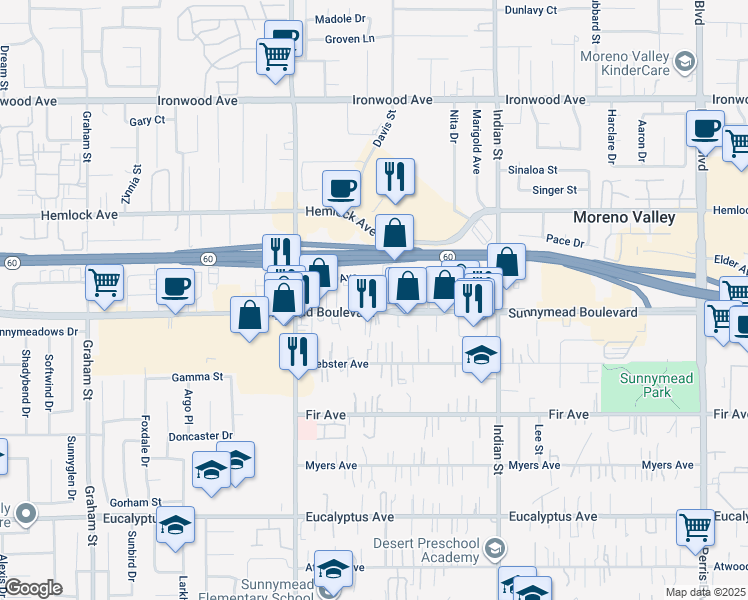 map of restaurants, bars, coffee shops, grocery stores, and more near 24200 Sunnymead Boulevard in Moreno Valley