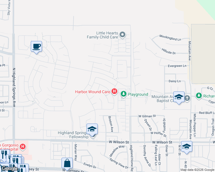 map of restaurants, bars, coffee shops, grocery stores, and more near 5135 Hummingbird Way in Banning