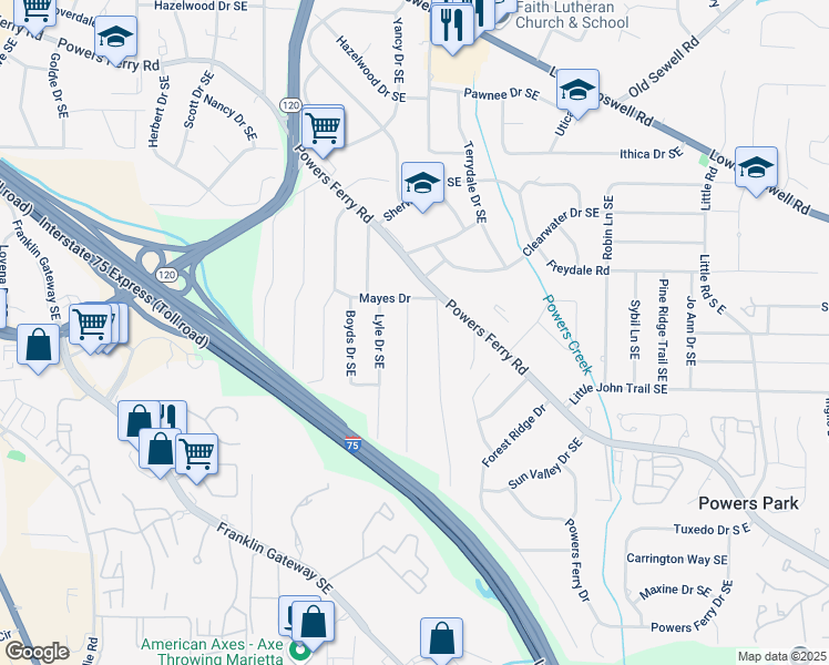 map of restaurants, bars, coffee shops, grocery stores, and more near 441 Oriole Drive Southeast in Marietta