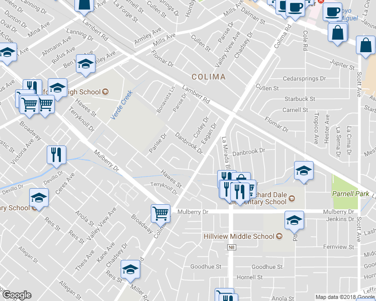 map of restaurants, bars, coffee shops, grocery stores, and more near 14747 Glenn Drive in Whittier