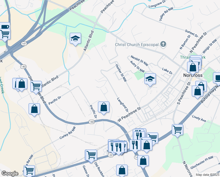 map of restaurants, bars, coffee shops, grocery stores, and more near 2831 Peterson Place Northwest in Norcross