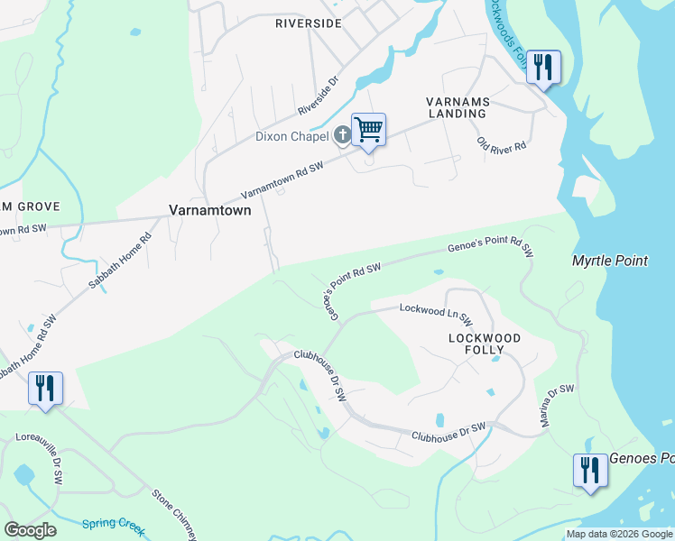 map of restaurants, bars, coffee shops, grocery stores, and more near 2944 North Court in Brunswick County