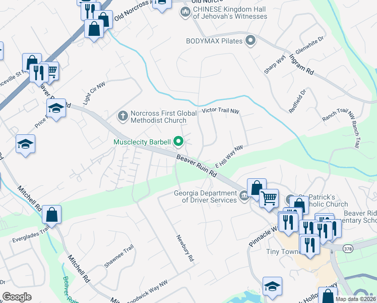 map of restaurants, bars, coffee shops, grocery stores, and more near 2331 Beaver Ruin Road in Norcross