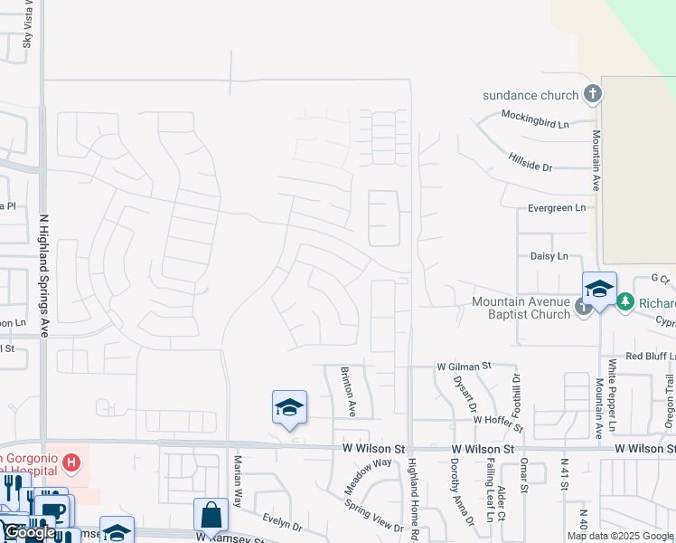 map of restaurants, bars, coffee shops, grocery stores, and more near 5135 Hummingbird Way in Banning