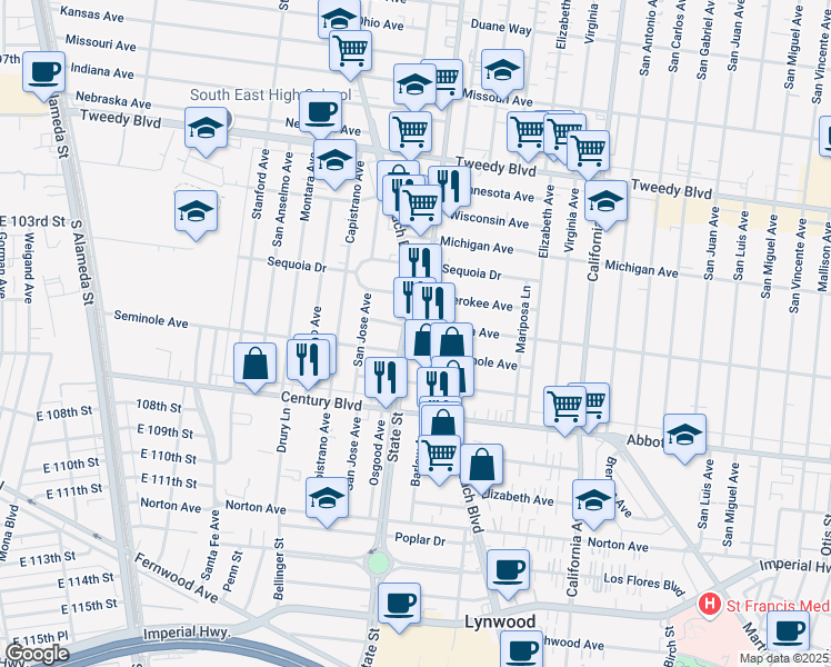 map of restaurants, bars, coffee shops, grocery stores, and more near 3205 Seminole Avenue in South Gate