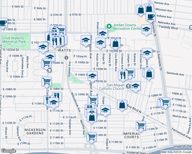 map of restaurants, bars, coffee shops, grocery stores, and more near 10607 Anzac Avenue in Los Angeles