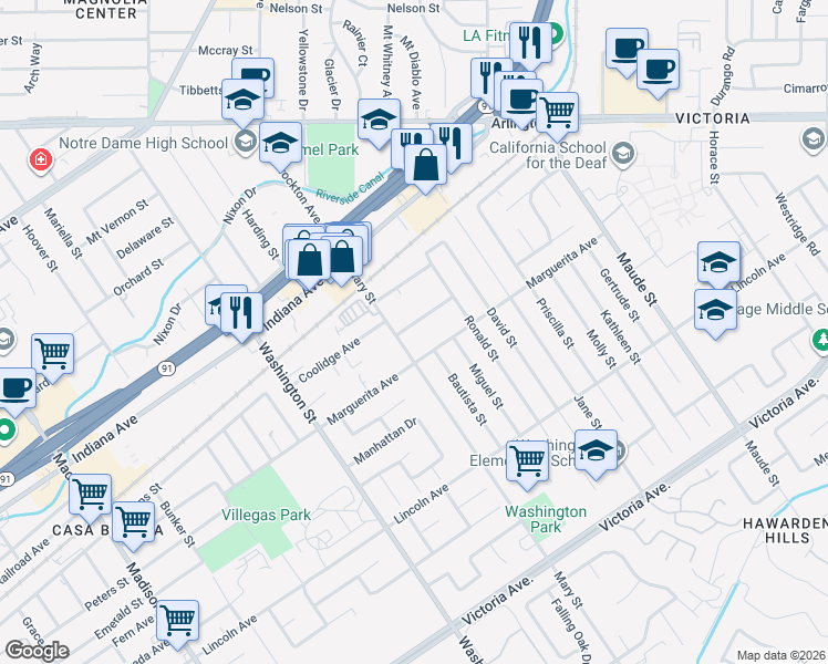 map of restaurants, bars, coffee shops, grocery stores, and more near 6876 Coolidge Avenue in Riverside