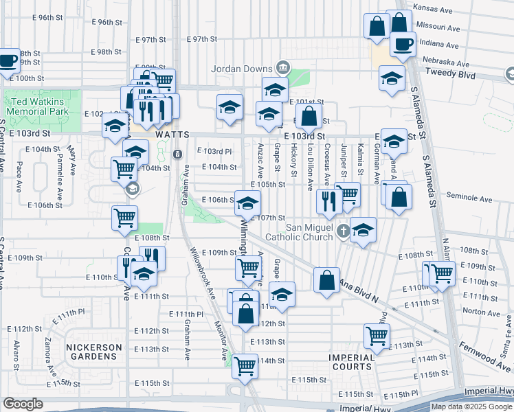 map of restaurants, bars, coffee shops, grocery stores, and more near 10607 Anzac Avenue in Los Angeles