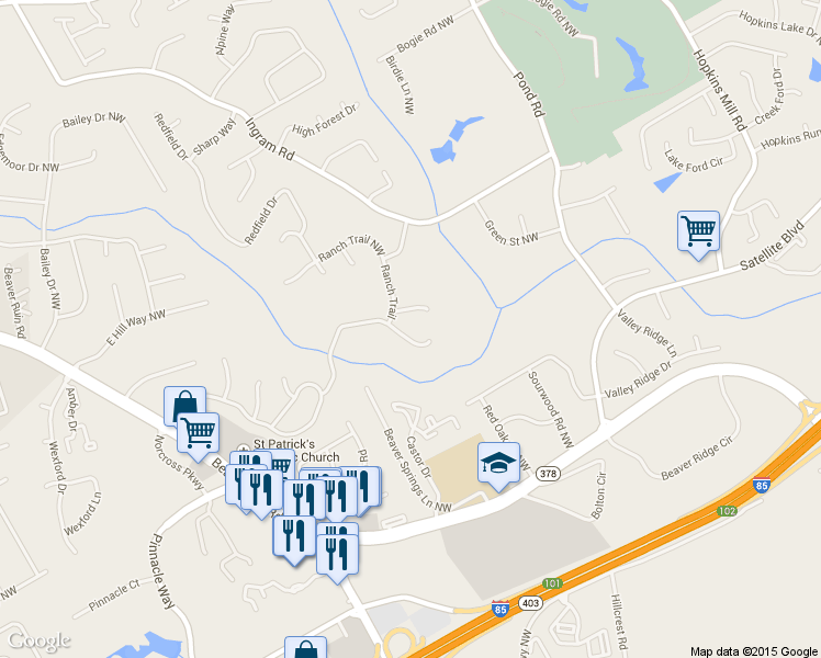 map of restaurants, bars, coffee shops, grocery stores, and more near 4943 Appaloosa Trail in Norcross