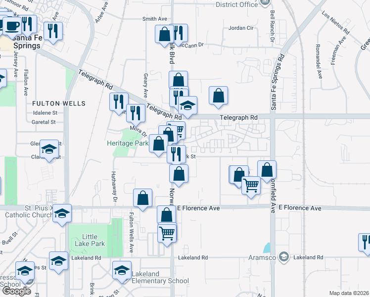 map of restaurants, bars, coffee shops, grocery stores, and more near 12263 Lilac Court in Santa Fe Springs