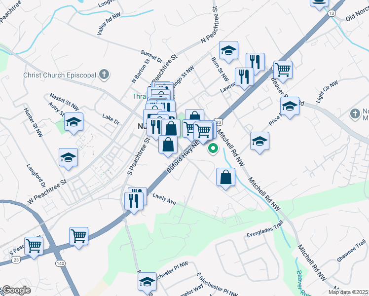 map of restaurants, bars, coffee shops, grocery stores, and more near 141 Holcomb Bridge Road in Norcross