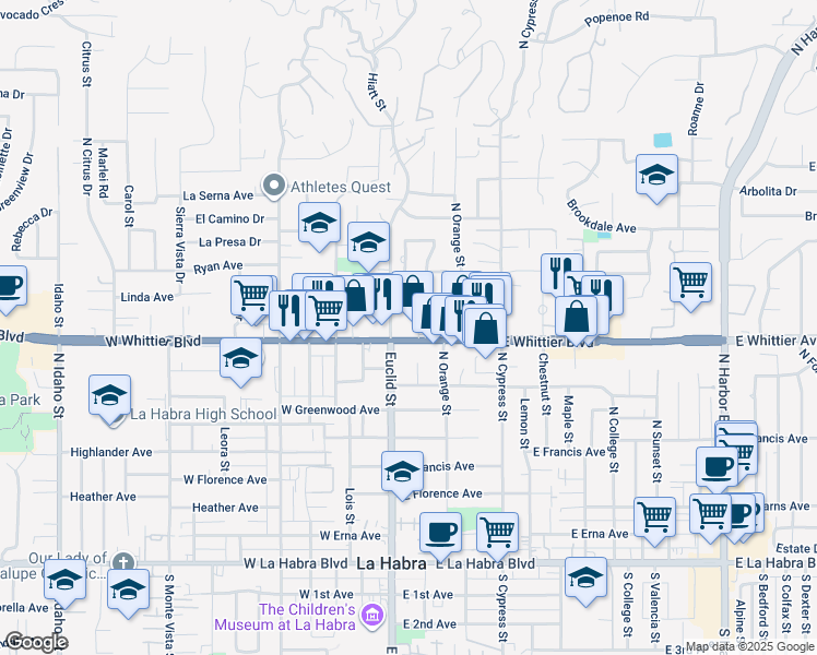map of restaurants, bars, coffee shops, grocery stores, and more near 140 East Whittier Boulevard in La Habra
