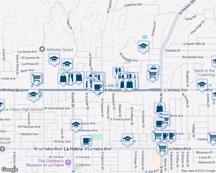 map of restaurants, bars, coffee shops, grocery stores, and more near 481 East Whittier Boulevard in La Habra
