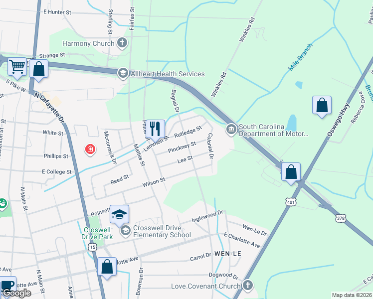 map of restaurants, bars, coffee shops, grocery stores, and more near 231 Lee Street in Sumter
