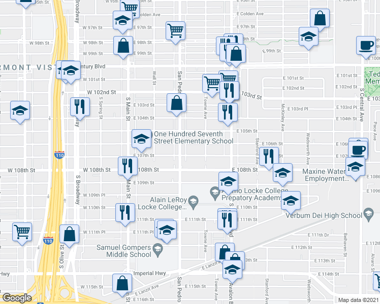 map of restaurants, bars, coffee shops, grocery stores, and more near 323 East 107th Street in Los Angeles