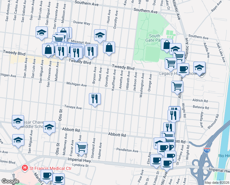 map of restaurants, bars, coffee shops, grocery stores, and more near 10234 Kauffman Avenue in South Gate