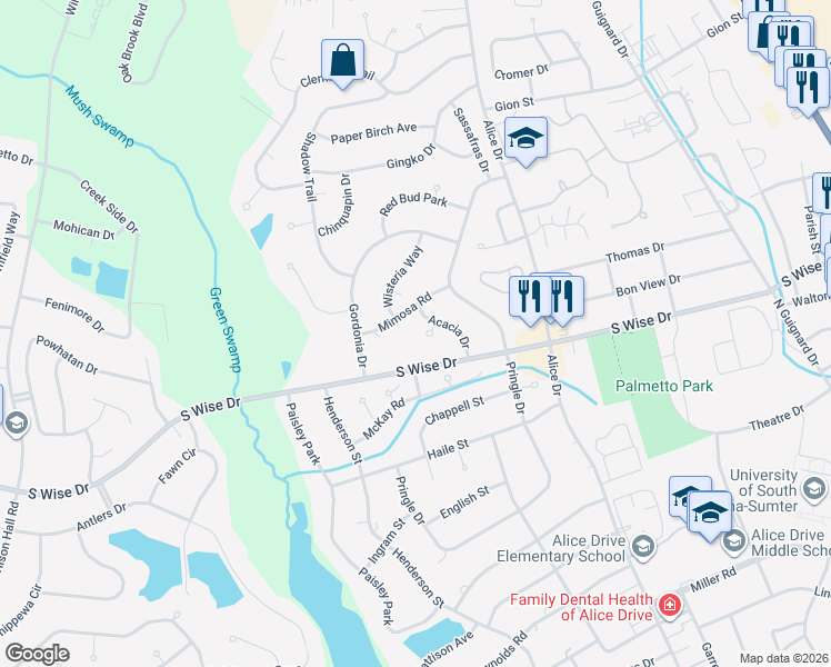 map of restaurants, bars, coffee shops, grocery stores, and more near 555 South Wise Drive in Sumter