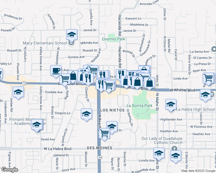 map of restaurants, bars, coffee shops, grocery stores, and more near 1800 West Whittier Boulevard in La Habra