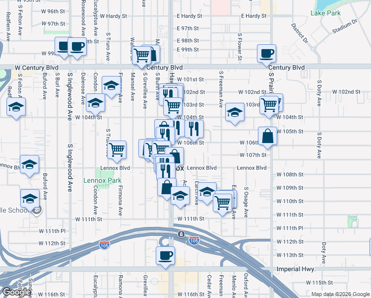 map of restaurants, bars, coffee shops, grocery stores, and more near 4322 West 106th Street in Inglewood