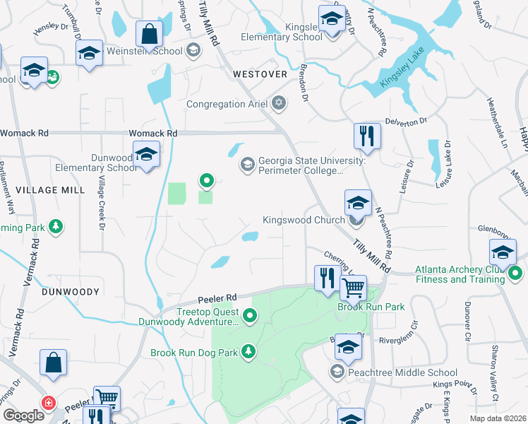 map of restaurants, bars, coffee shops, grocery stores, and more near 2122 Strasburg Court in Dunwoody
