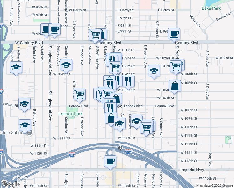 map of restaurants, bars, coffee shops, grocery stores, and more near 4321 Lennox Boulevard in Inglewood