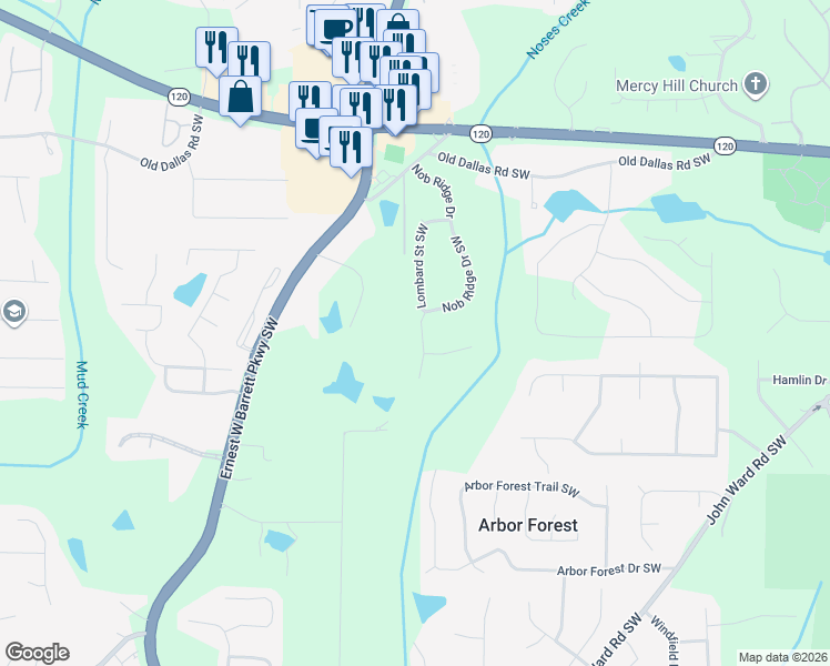 map of restaurants, bars, coffee shops, grocery stores, and more near 828 Nob Ridge Drive Southwest in Marietta