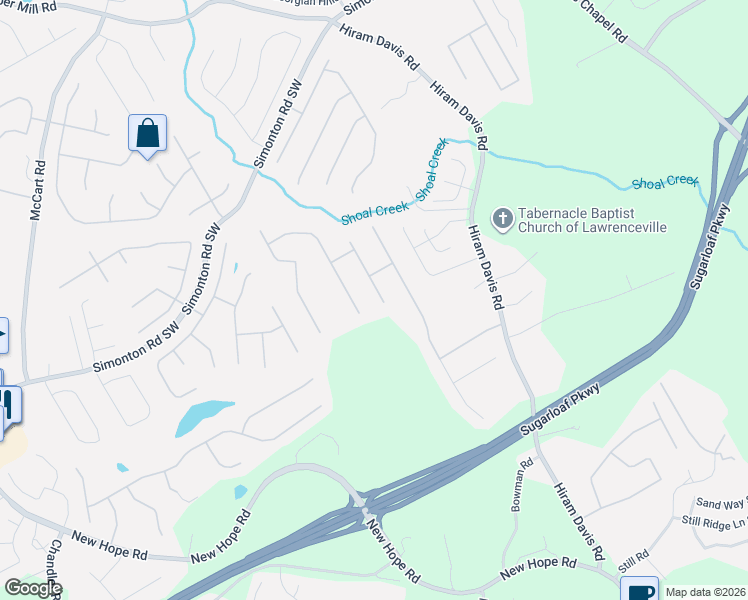 map of restaurants, bars, coffee shops, grocery stores, and more near 1063 Autumn Blaze Lane in Lawrenceville