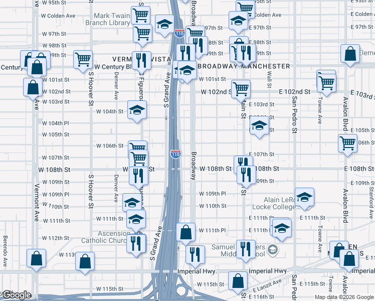 map of restaurants, bars, coffee shops, grocery stores, and more near 10617 South Broadway in Los Angeles