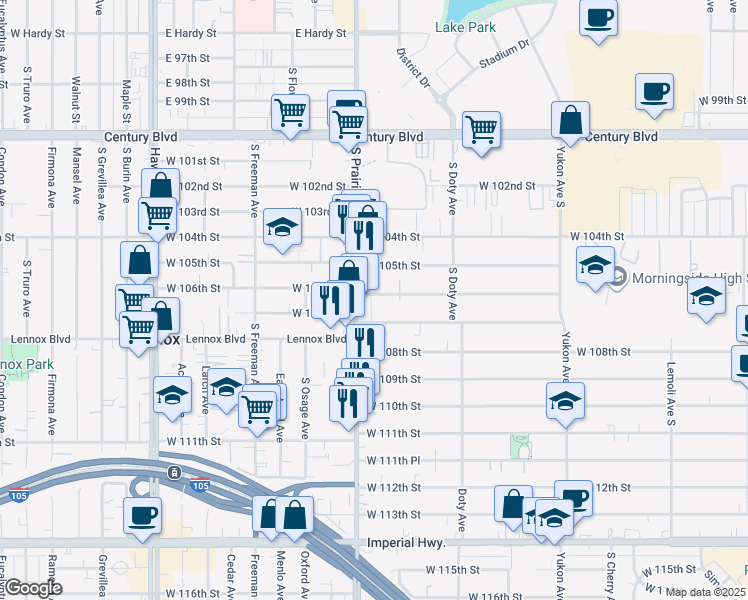 map of restaurants, bars, coffee shops, grocery stores, and more near 3934 West 106th Street in Inglewood