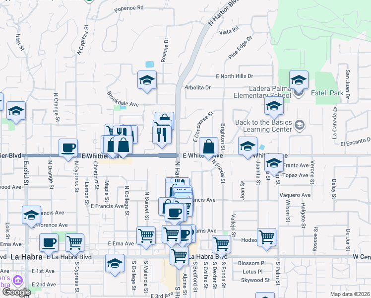 map of restaurants, bars, coffee shops, grocery stores, and more near 1247 East Whittier Boulevard in La Habra