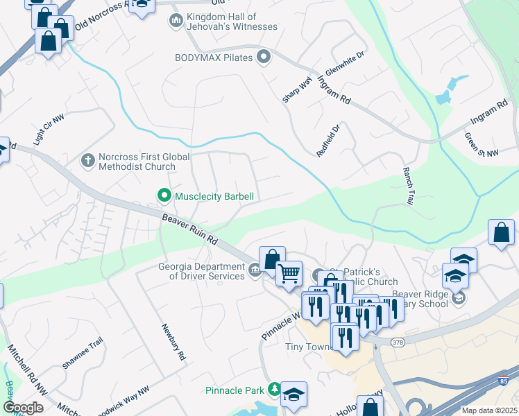 map of restaurants, bars, coffee shops, grocery stores, and more near 2325 East Hill Way Northwest in Norcross