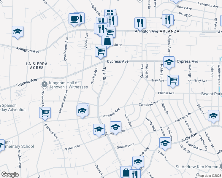 map of restaurants, bars, coffee shops, grocery stores, and more near 5855 Robinson Avenue in Riverside