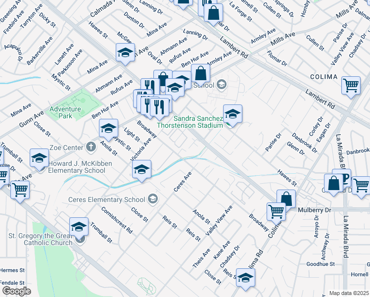 map of restaurants, bars, coffee shops, grocery stores, and more near 10241 Ruoff Avenue in Whittier