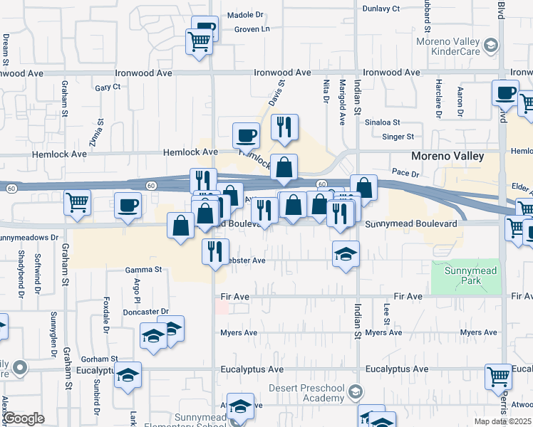 map of restaurants, bars, coffee shops, grocery stores, and more near 24230 Sunnymead Boulevard in Moreno Valley