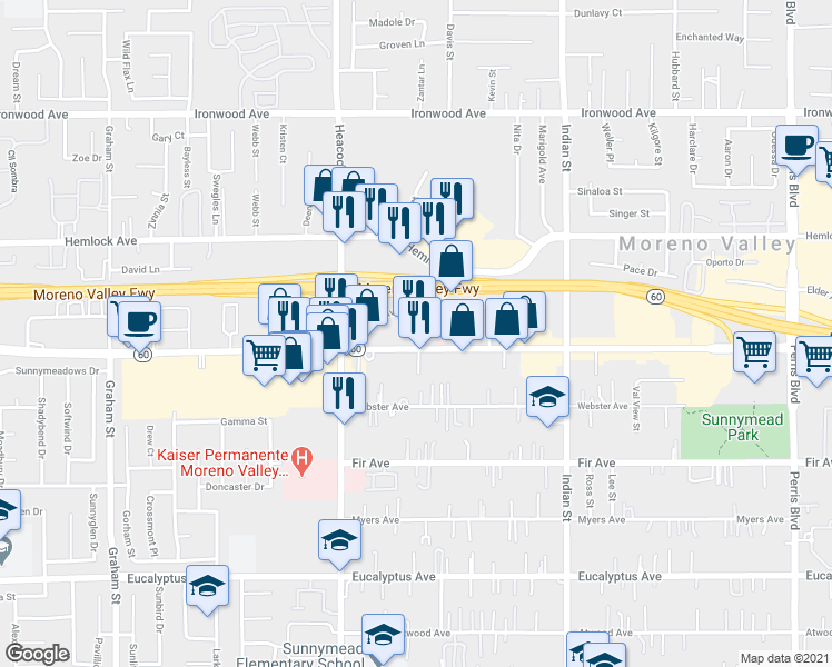 map of restaurants, bars, coffee shops, grocery stores, and more near 24135 Sunnymead Boulevard in Moreno Valley