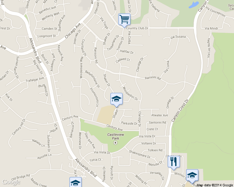 map of restaurants, bars, coffee shops, grocery stores, and more near 6187 Shaker Drive in Riverside