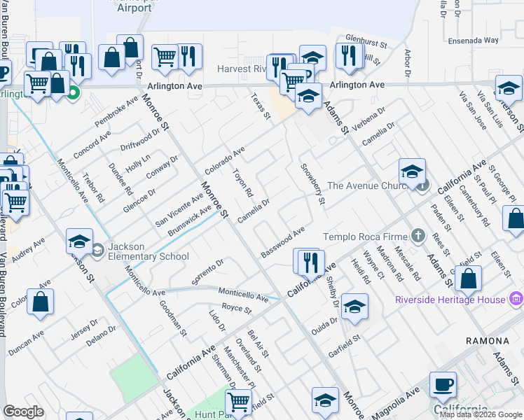 map of restaurants, bars, coffee shops, grocery stores, and more near 38 Toyon Road in Riverside