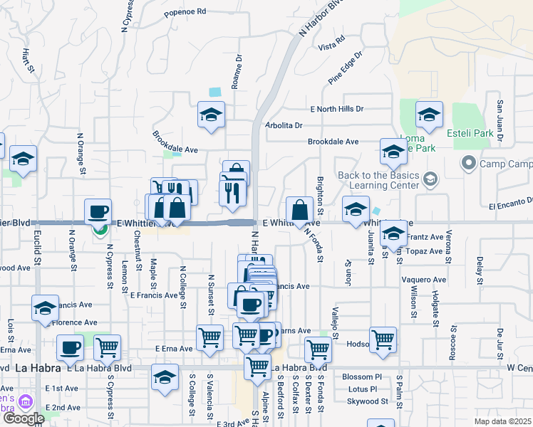 map of restaurants, bars, coffee shops, grocery stores, and more near 951 East Whittier Boulevard in La Habra