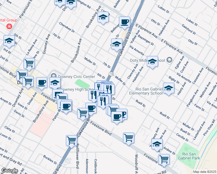 map of restaurants, bars, coffee shops, grocery stores, and more near 10729 Shellyfield Road in Downey