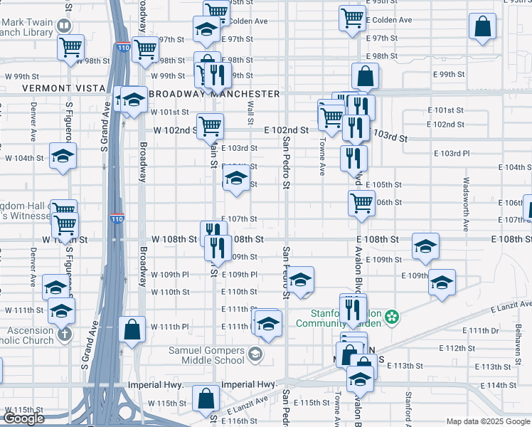 map of restaurants, bars, coffee shops, grocery stores, and more near 234 East 107th Street in Los Angeles