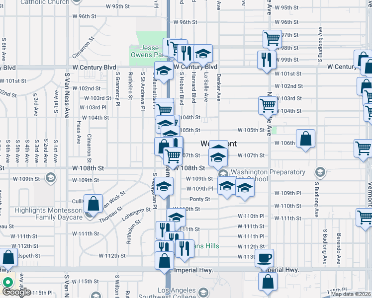 map of restaurants, bars, coffee shops, grocery stores, and more near 1736 West 107th Street in Los Angeles