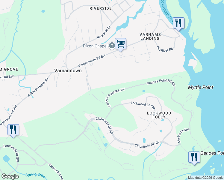 map of restaurants, bars, coffee shops, grocery stores, and more near 2944 North Court in Brunswick County