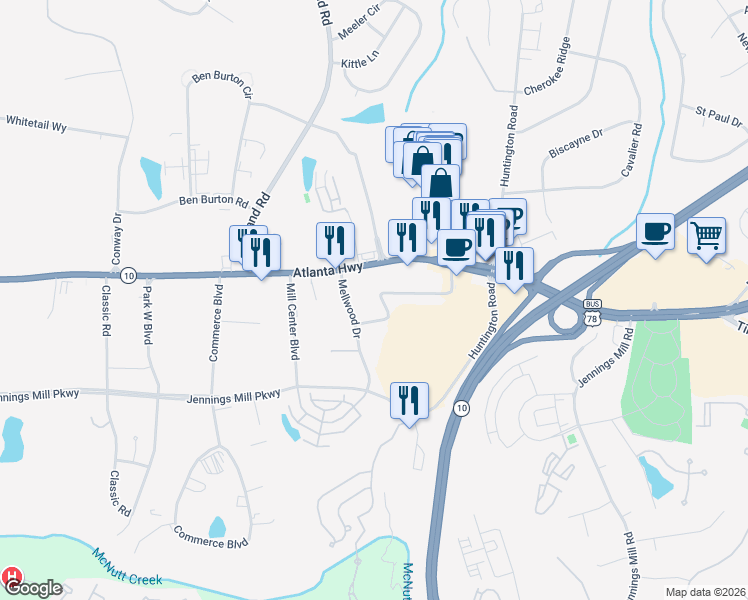 map of restaurants, bars, coffee shops, grocery stores, and more near 240 Arrowhead Road in Bogart