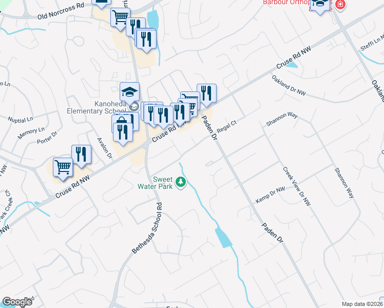 map of restaurants, bars, coffee shops, grocery stores, and more near 2552 West Regal Court in Lawrenceville