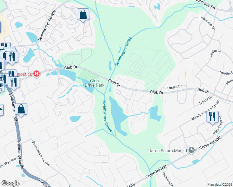 map of restaurants, bars, coffee shops, grocery stores, and more near 1070 Country Court in Lawrenceville