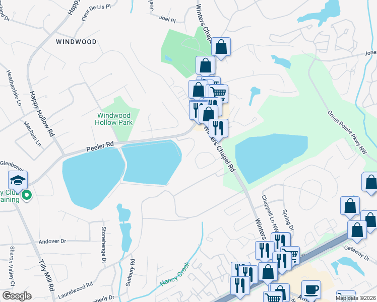 map of restaurants, bars, coffee shops, grocery stores, and more near 4852 Twin Lakes Trail in Atlanta